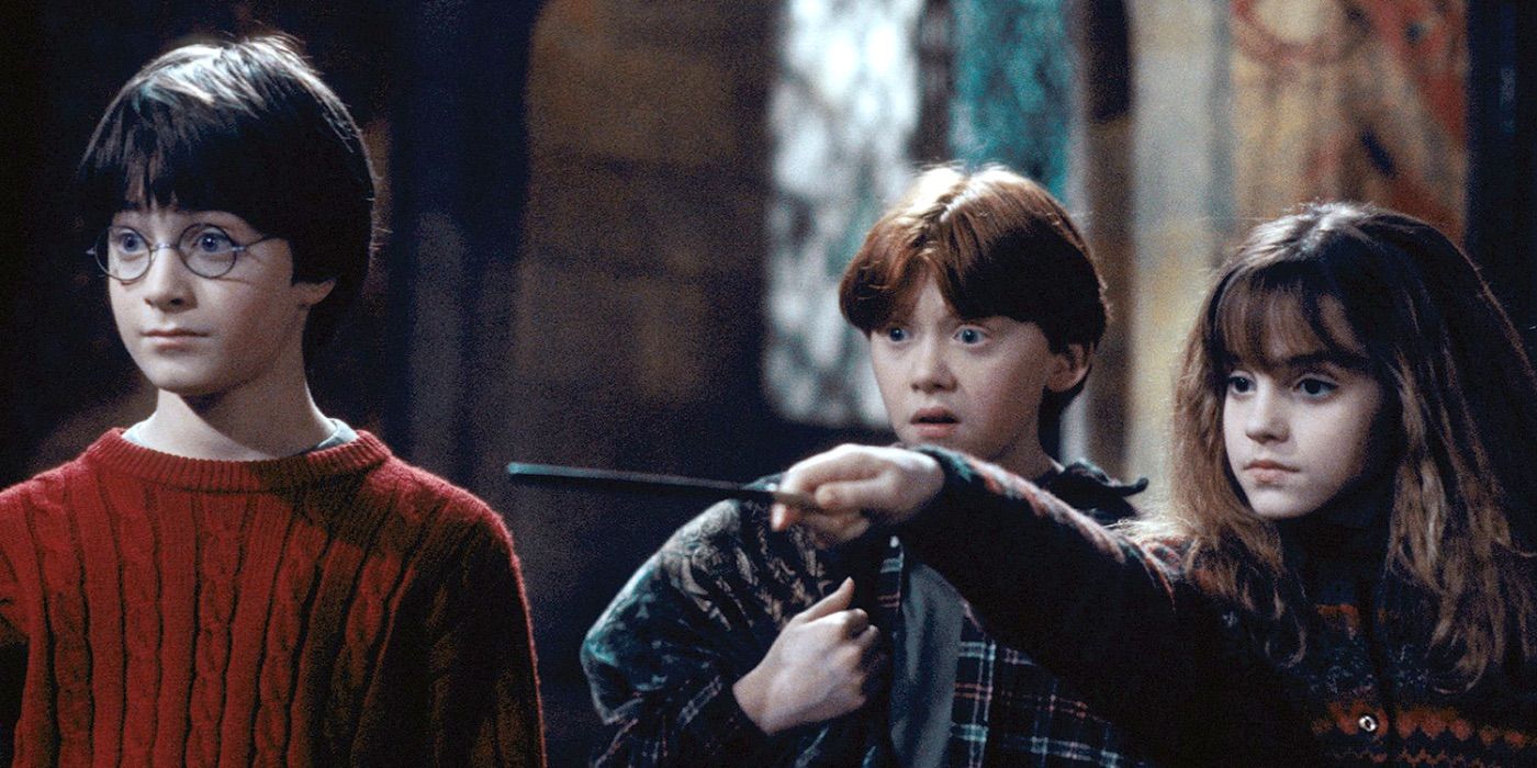 Harry, Ron, and Hermione in Harry Potter and the Sorceror's Stone.