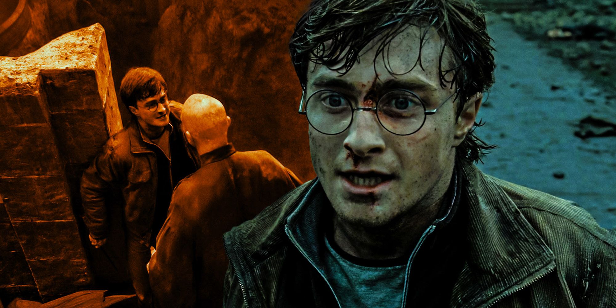 A composite image showing Harry Potter's face in the forefront and Harry and Voldemort facing off in the background from Harry Potter. 