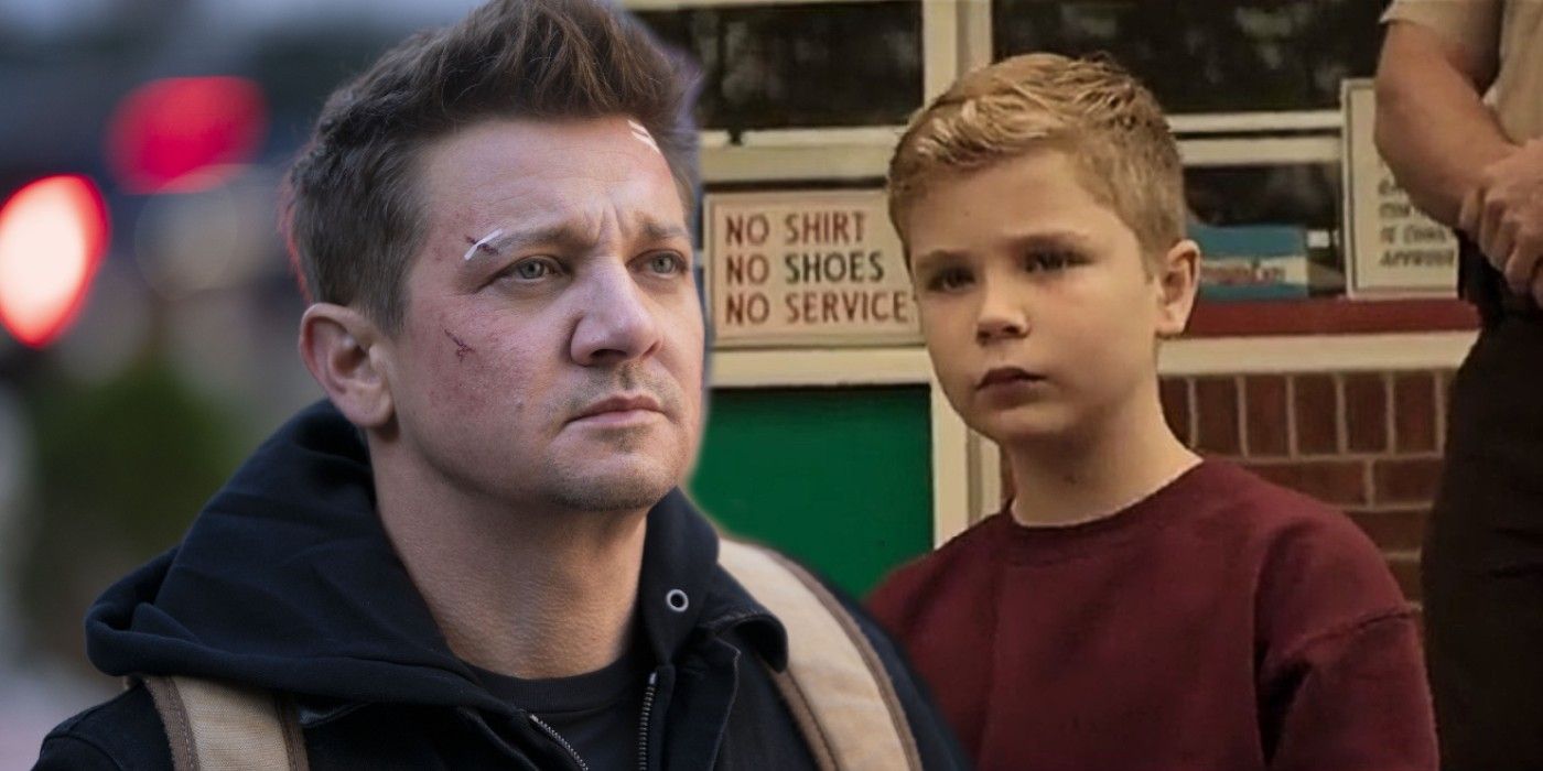 Split image of Hawkeye as an adult in the MCU and as a child