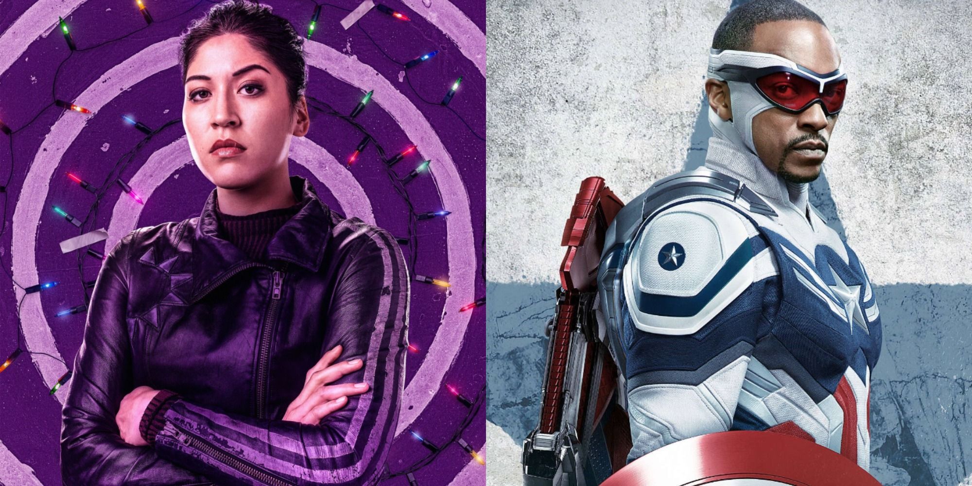 Split image showing Echo in Hawkeye and Captain America in TFATWS