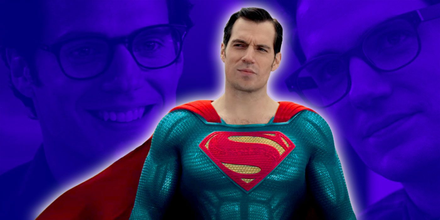 Henry Cavill as Superman in front of a montage of Clark Kent