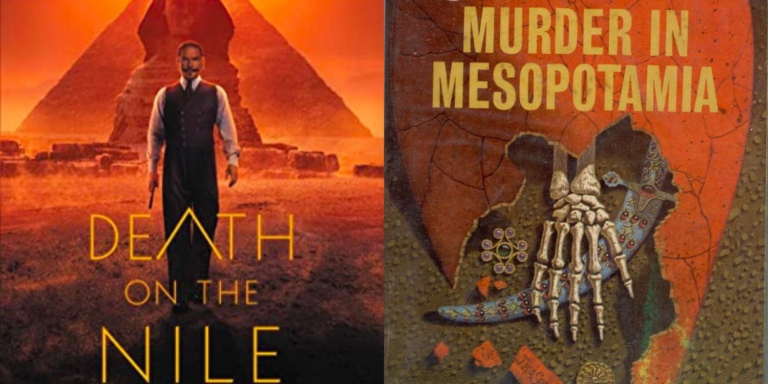 Hercule Poirot in front of the Sphinx in Death on the Nile and an older book cover of Murder in Mesopotamia