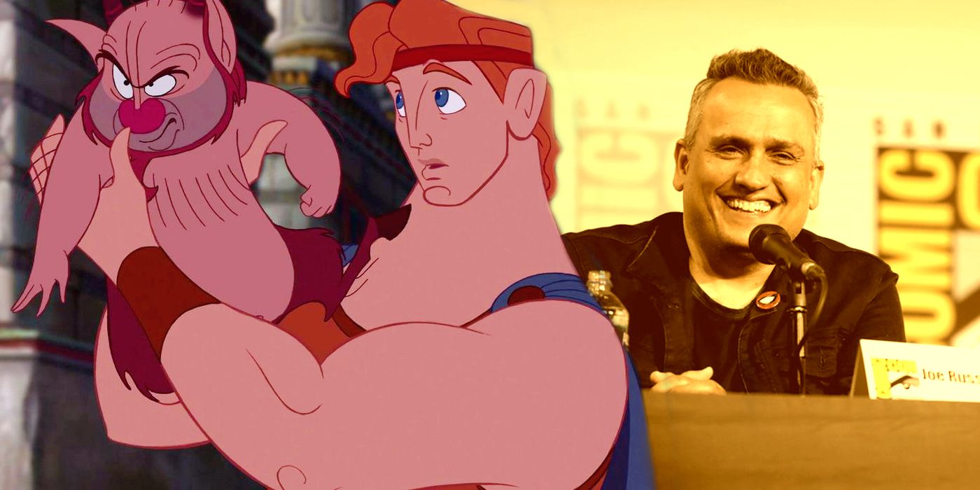 Hercules holds up Phil in the 1997 animated movie composited over an image of Joe Russo speaking at Comic Con