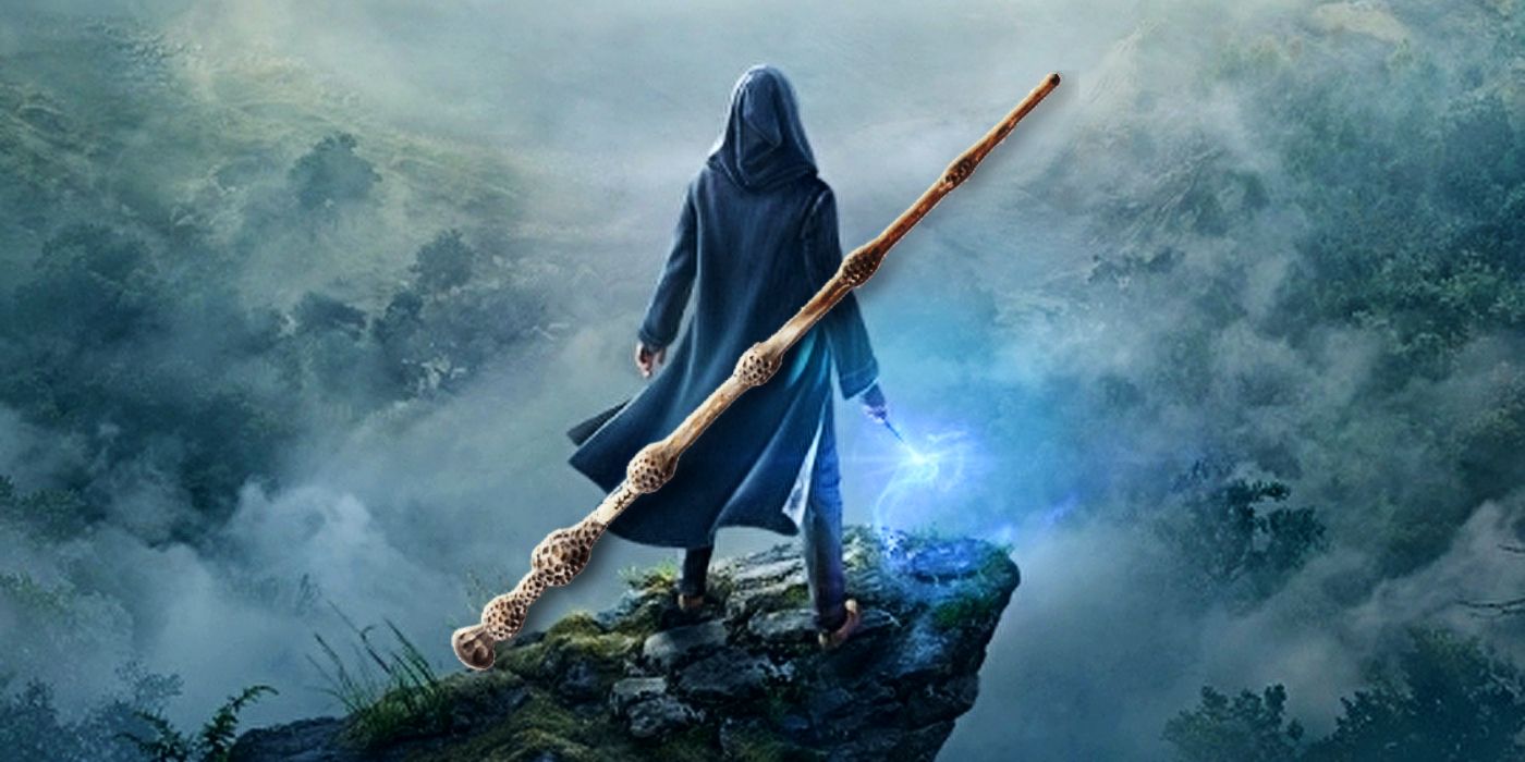 The Elder Wand superimposed over a promotional image of Hogwarts Legacy.