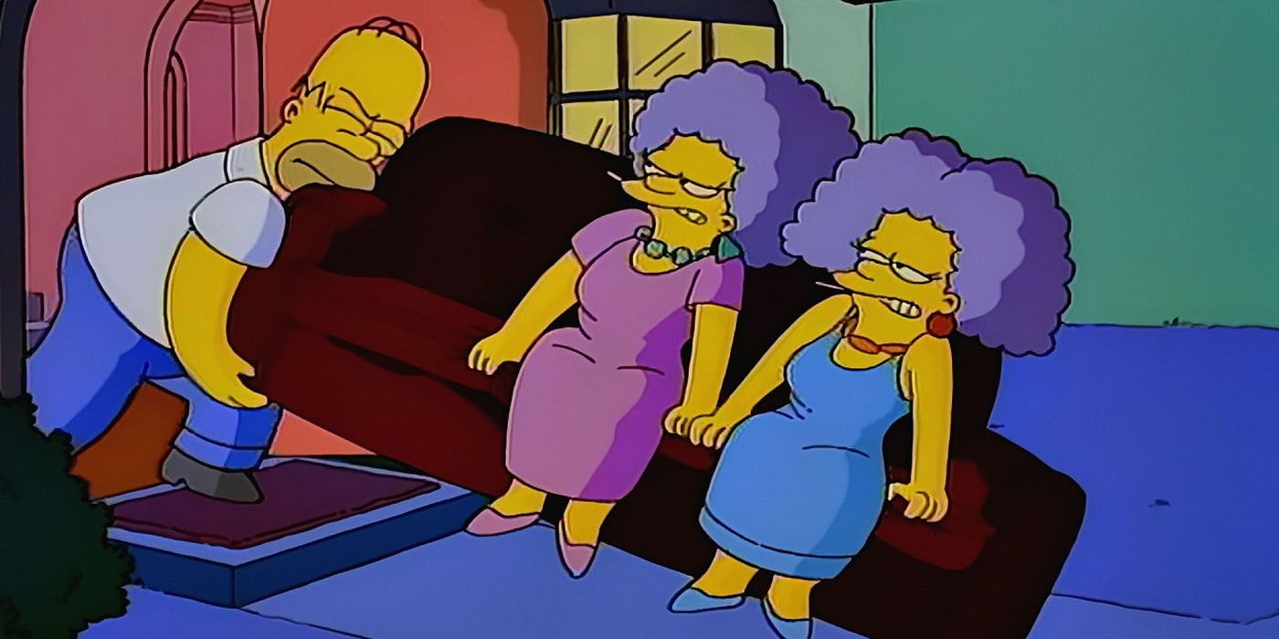 Homer carries a couch with Patty and Selma on it from The Simpsons 