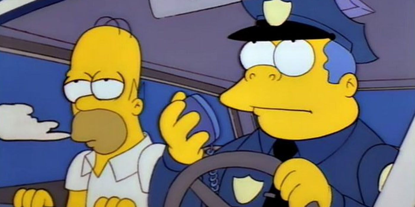 Homer and Chief Wiggum clin the police car in The Simpsons