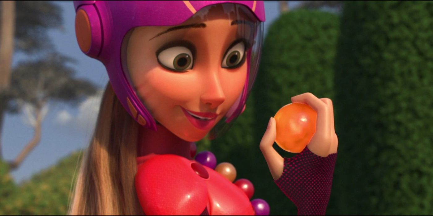 Honey Lemon looking at one of her chem-balls in Big Hero 6