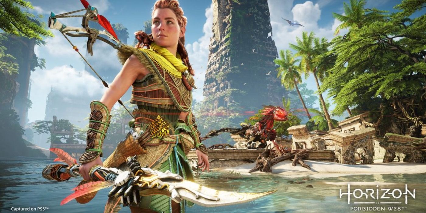 Aloy with her weapon in hand and a tropical setting in the background in Horizon Forbidden West PS5 footage