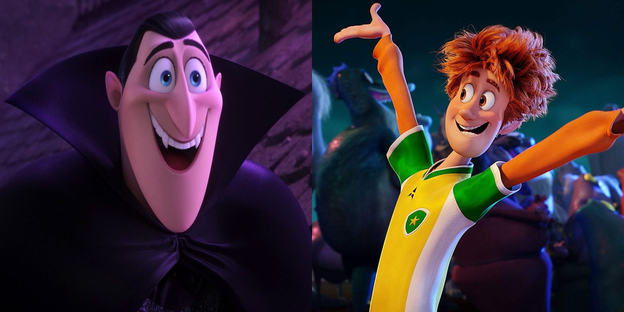 Split image showing Dracula and Johnny in Hotel Transylvania