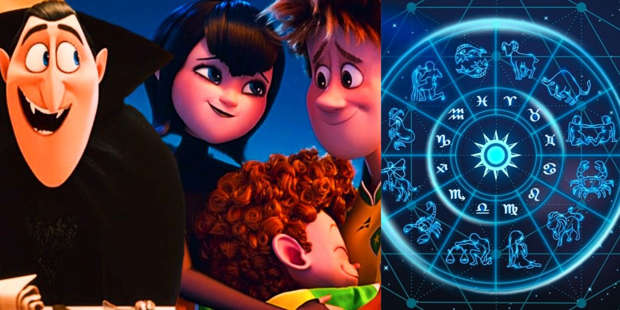 Three side by side images of a zodiac wheel and characters from Hotel Transylvania.