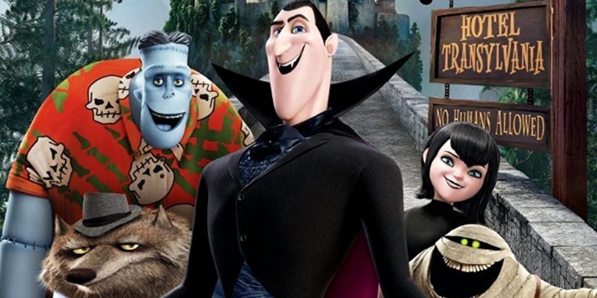 Main characters in Hotel Transylvania in front of the hotel