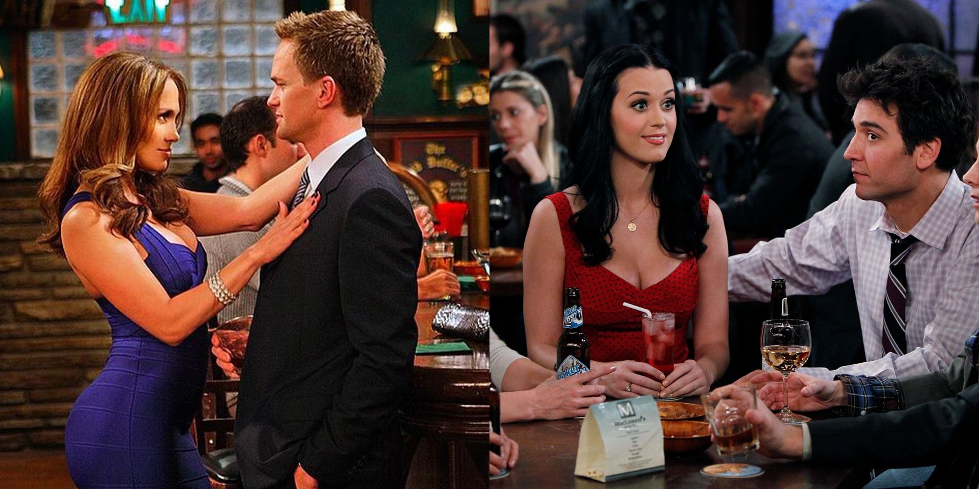 Split image showing Anita and Barney and Honey and Ted in HIMYM
