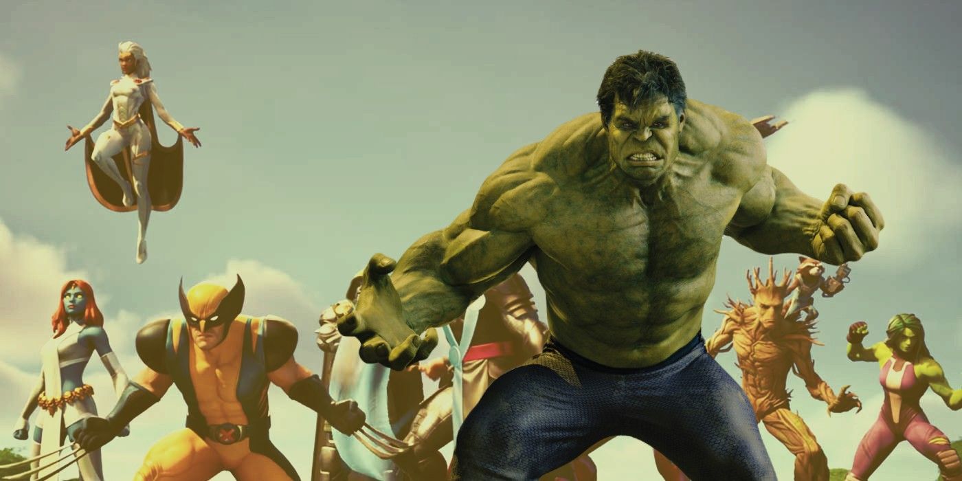 Hulk appearing in front of the Marvel cast in Fortnite.
