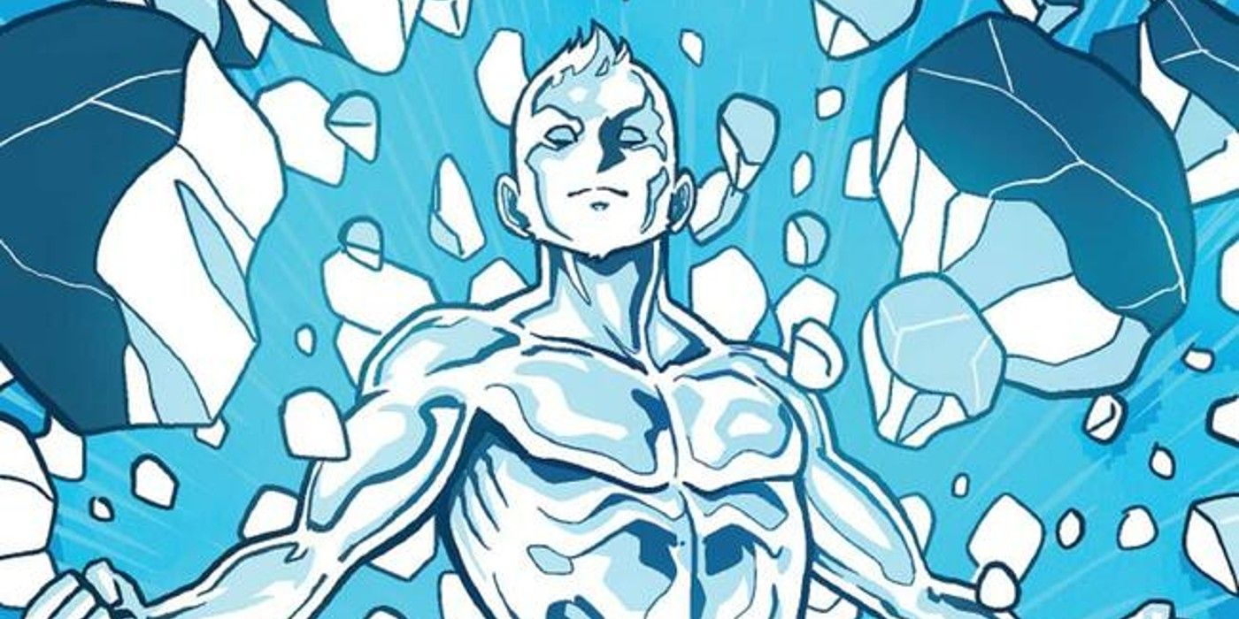 Iceman with ice shards floating around him in the comics