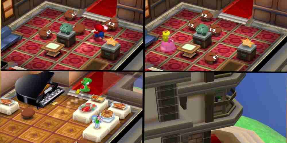 Four players are competing in Hotel Goomba from Mario Party 5.
