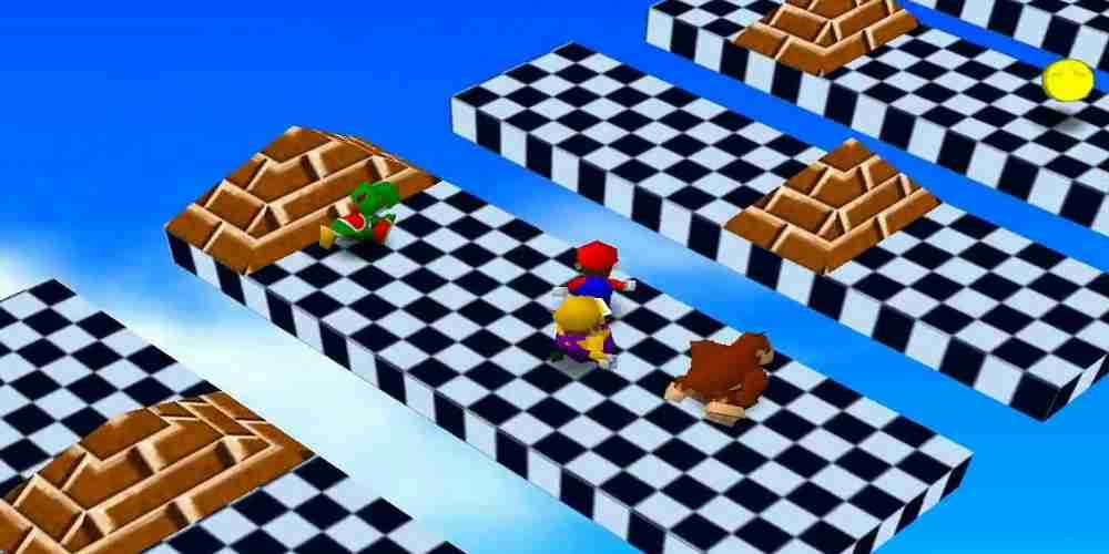Four players jumping in platform peril in Mario Party 1.