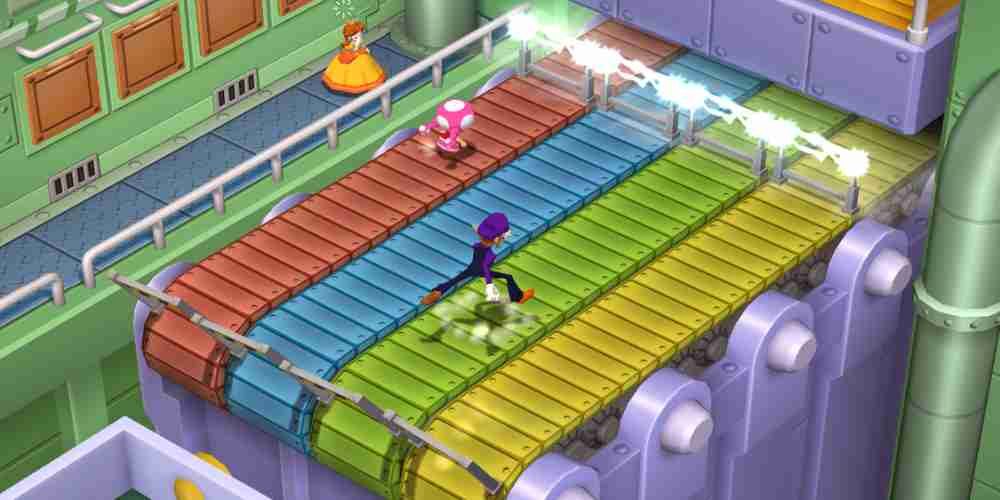Waluigi and Toadette competing in Mario Party 7’s Track and Yield.