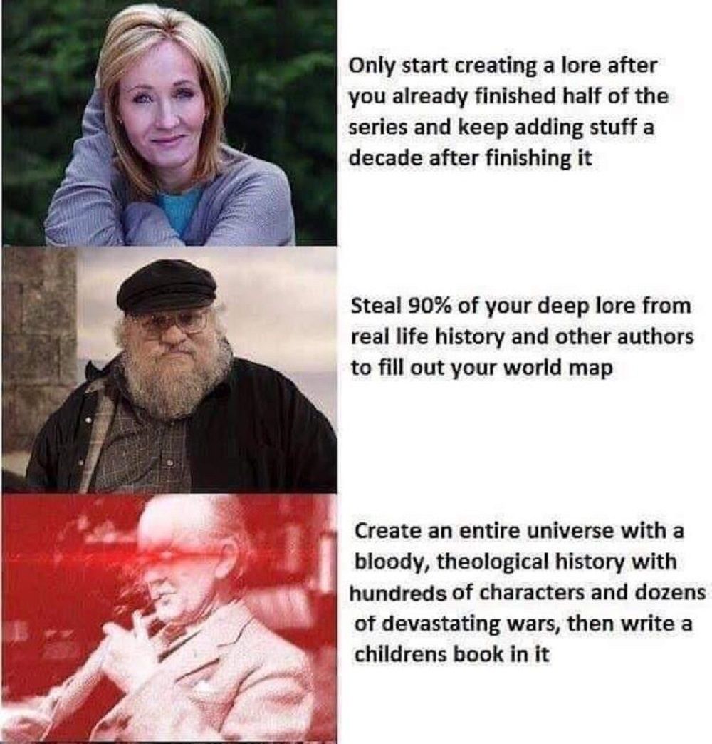 A meme of JK Rowling, George RR Martin, and JRR Tolkien