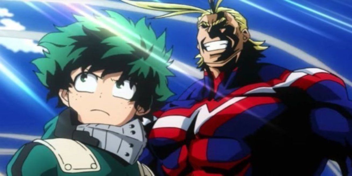 Izuku stands with All Might in My Hero academia. 