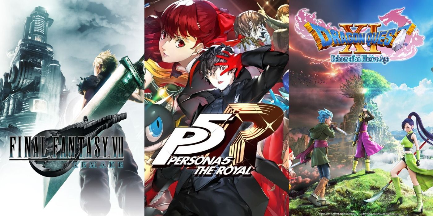 Split image of Final Fantasy 7 Remake, Persona 5 Royal, and Dragon Quest XI covers