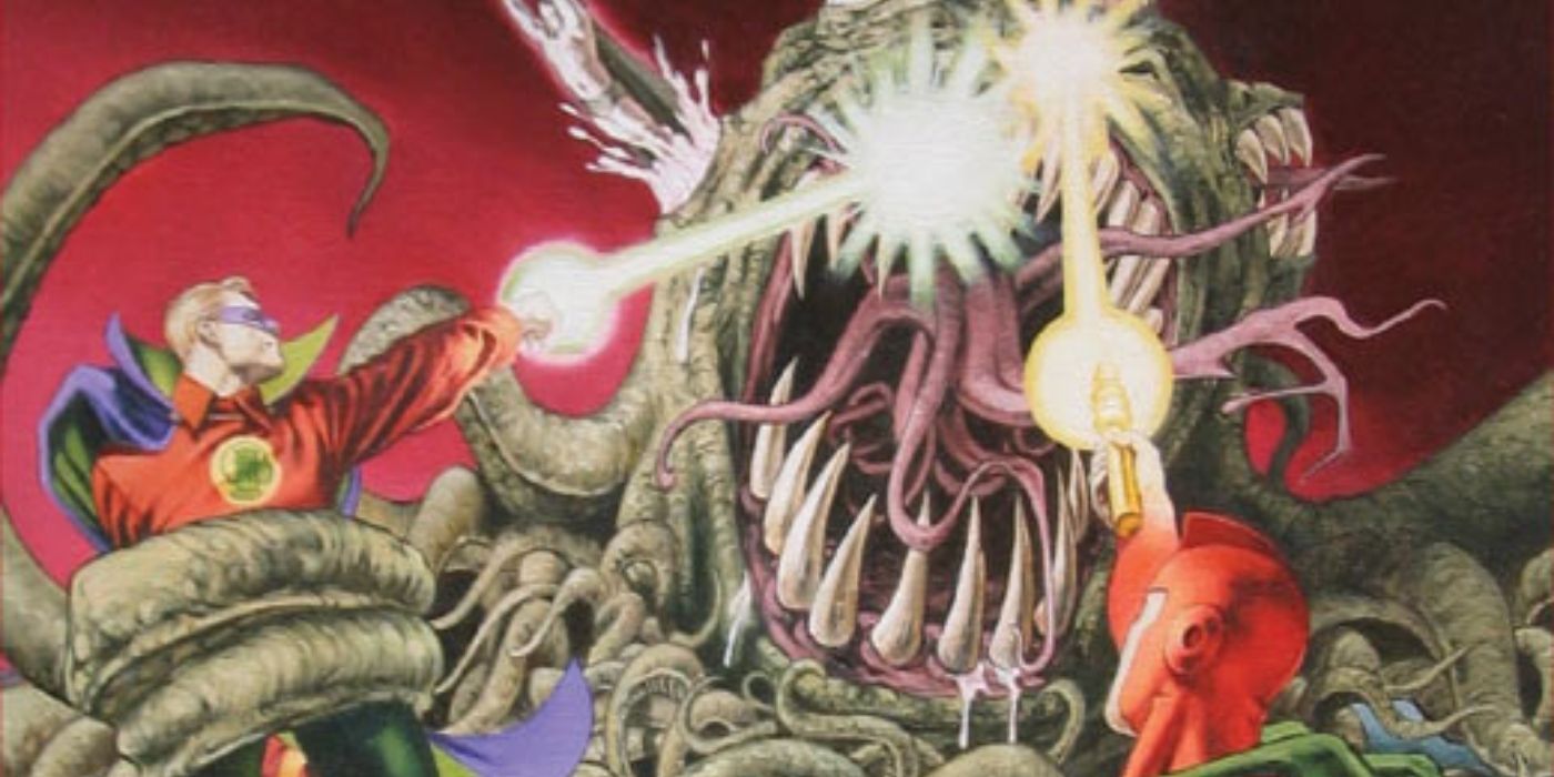 Two Green Lanterns fighting a monster in JSA Strange Adventures