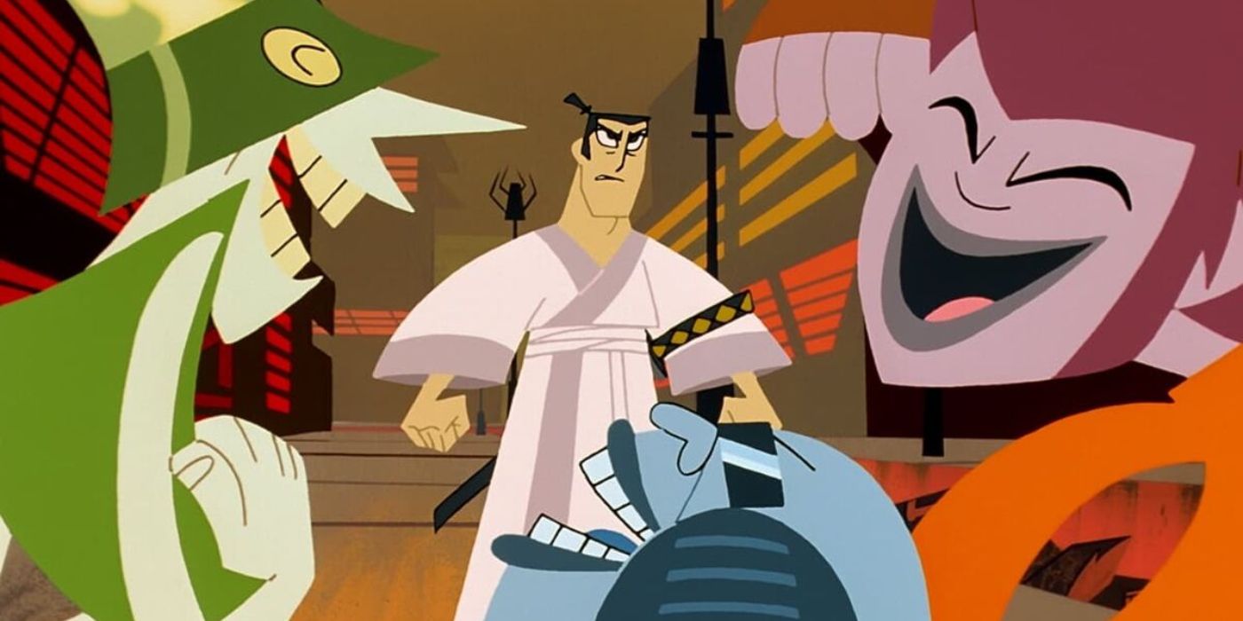 Jack in front of laughing villains Samurai Jack- The Premiere Movie.