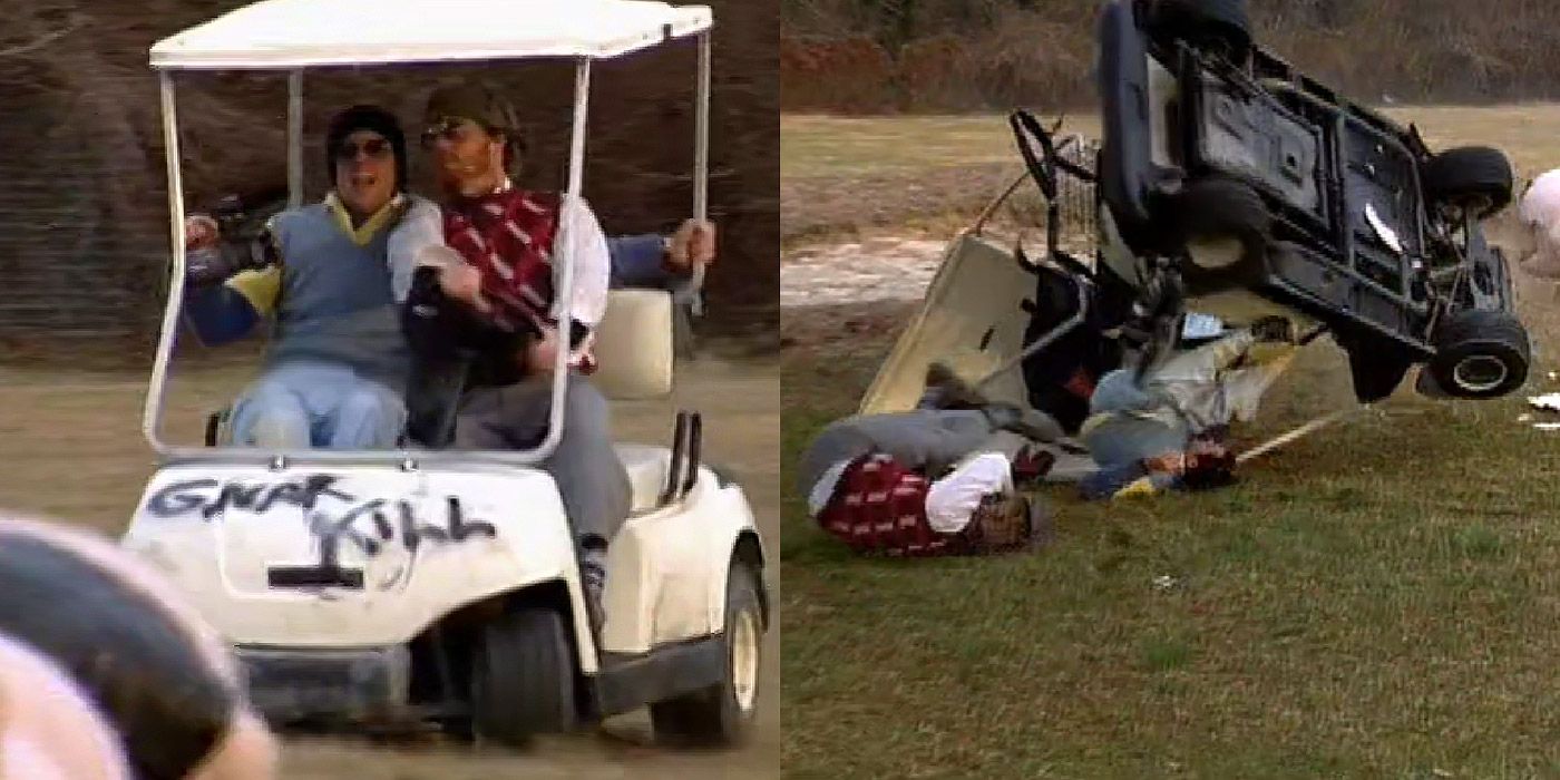 Split image of Johnny Knoxville and a golf cart in Jackass