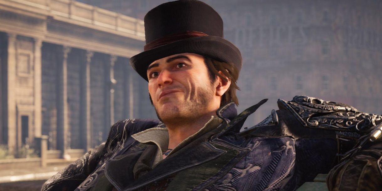 Jacob Frye sits on a bench, smirking under his top hat, in Assassin's Creed Syndicate.