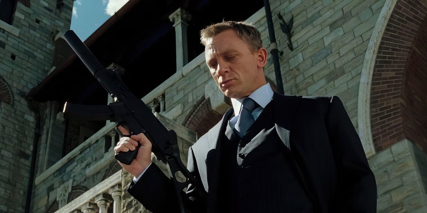 James Bond looking down while holding a gun in Casino Royale.