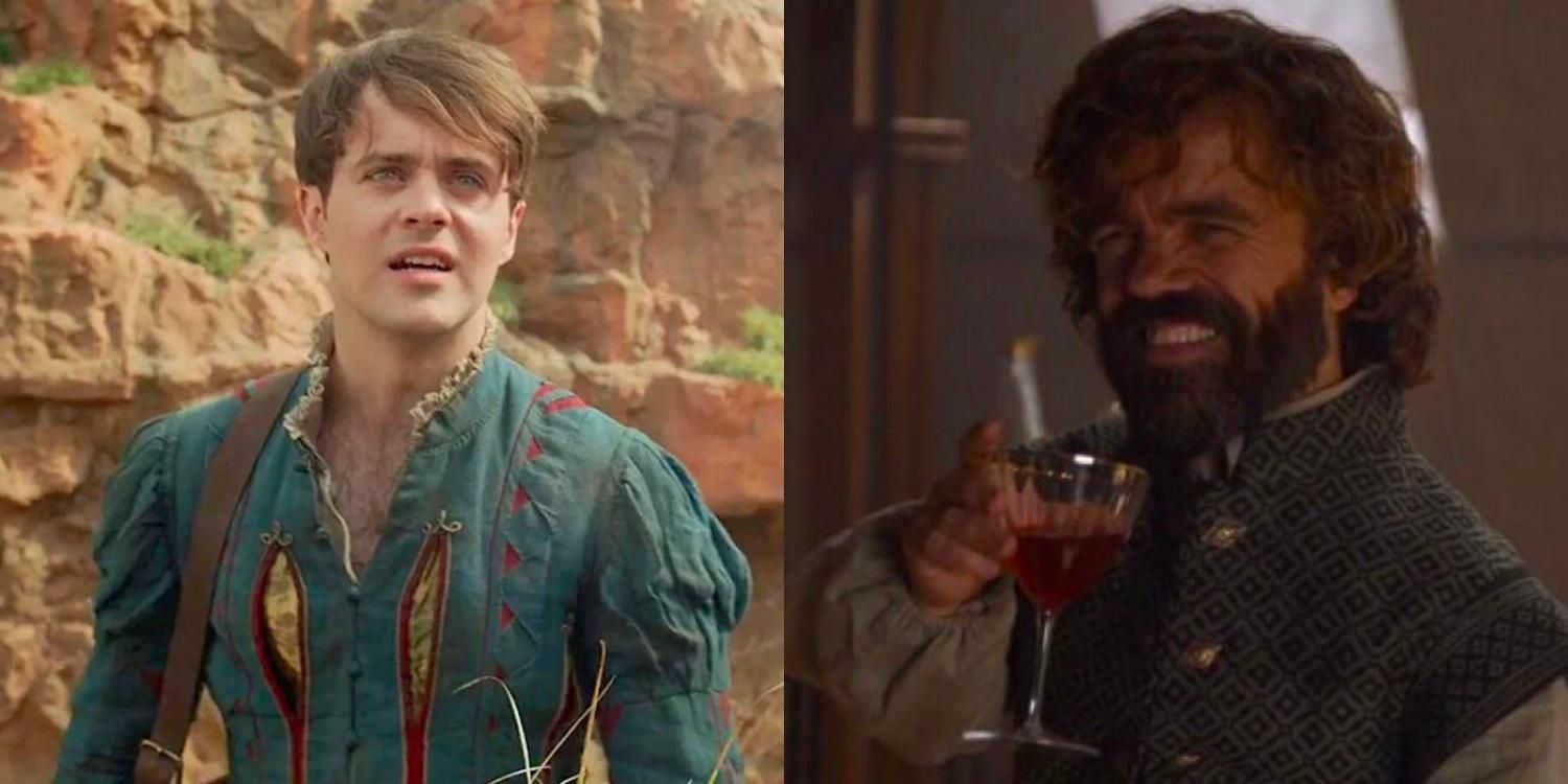 Jaskier outside in a slashed doublet in The Witcher and Tyrion smiling with a glass of wine in Game of Thrones