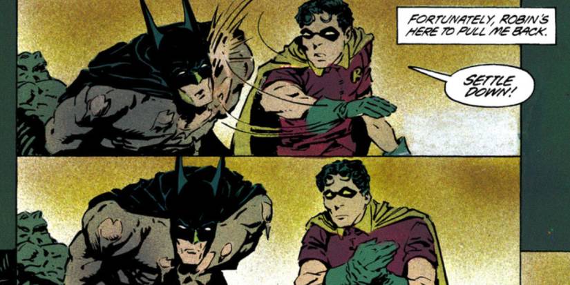 Comic book panels: Jason Todd's Robin slaps Batman in Batman: The Cult #3.