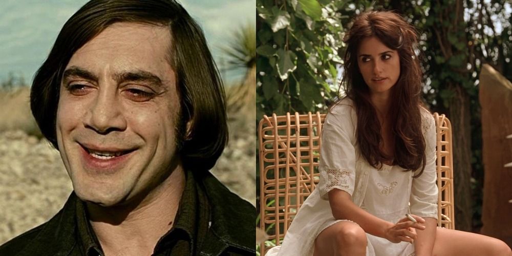 Split image showing Javier Bardem's character in No Country For Old Men &amp; Penélope Cruz's character in Vicki Cristina Barcelona 