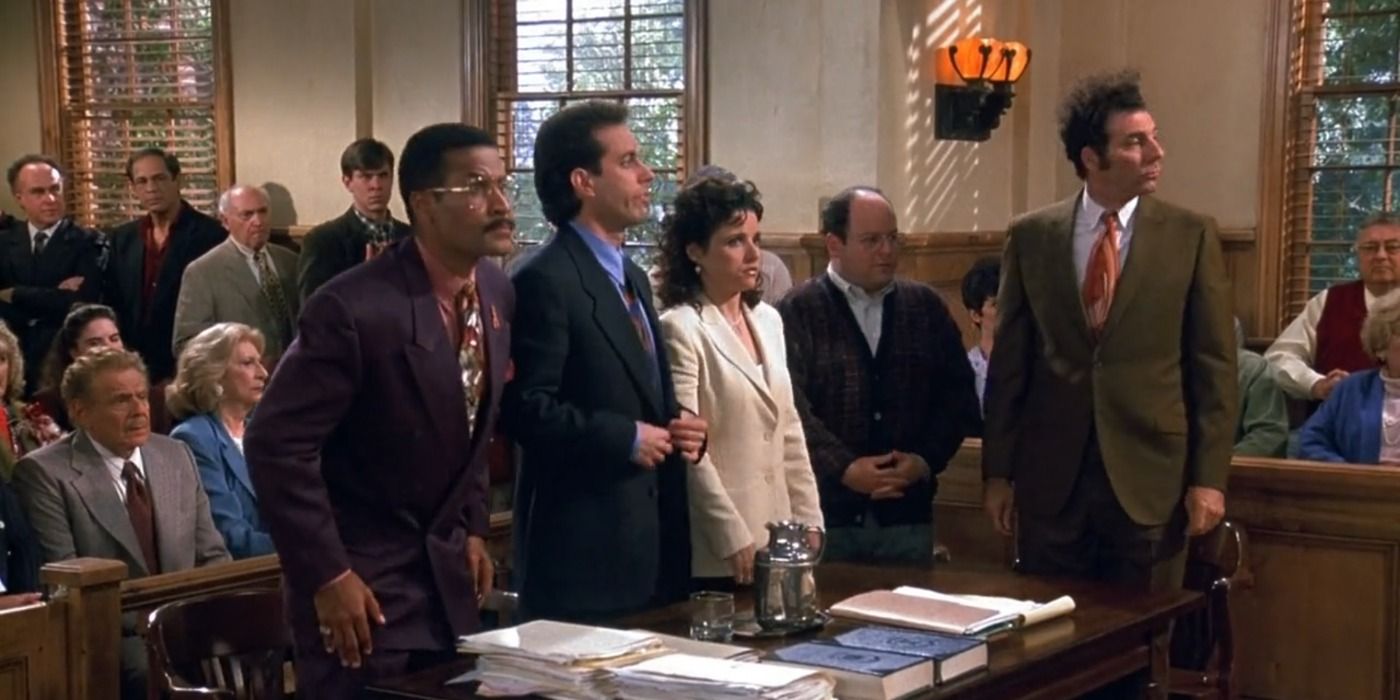 Jackie Chiles, Jerry, Elaine, George And Kramer rise to hear the verdict in the Seinfeld finale