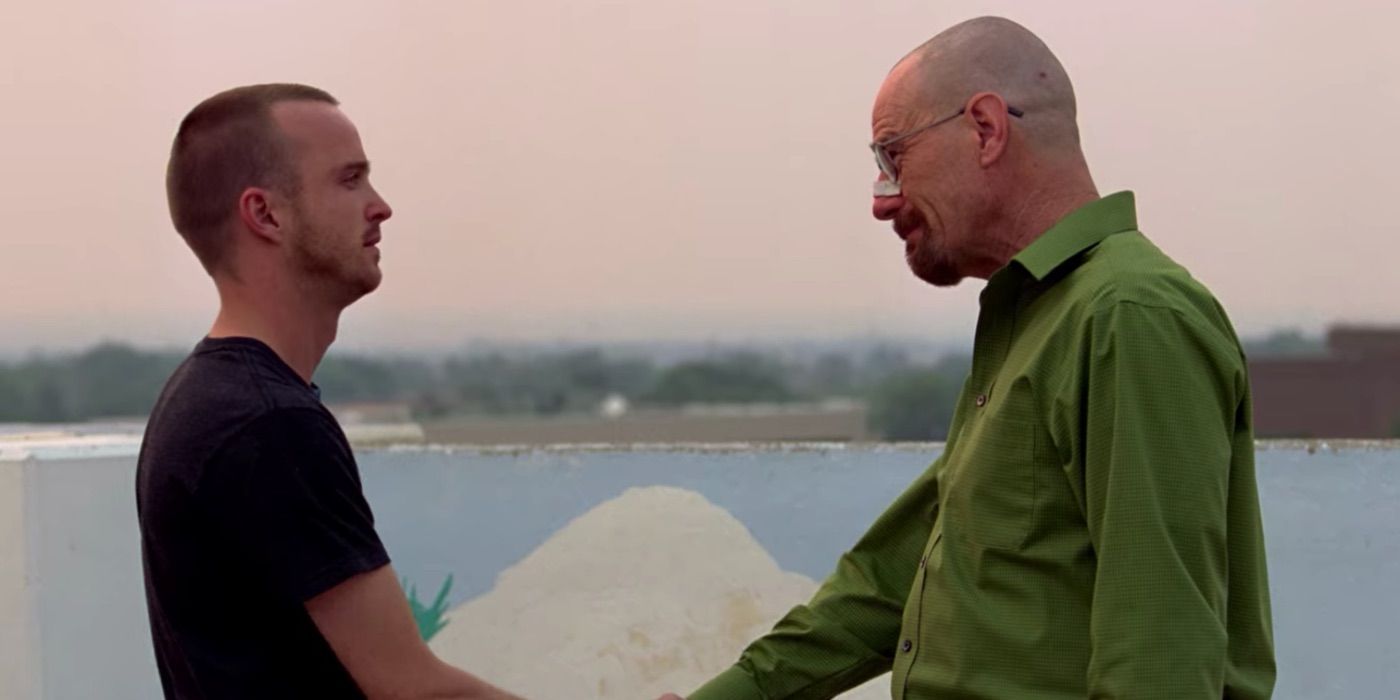 Jesse e Walt apertando as mãos em Breaking Bad.