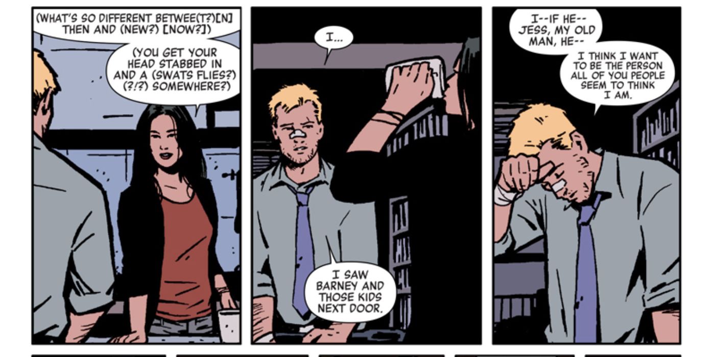 Jessica Drew and Clint Barton in the Hawkeye comics