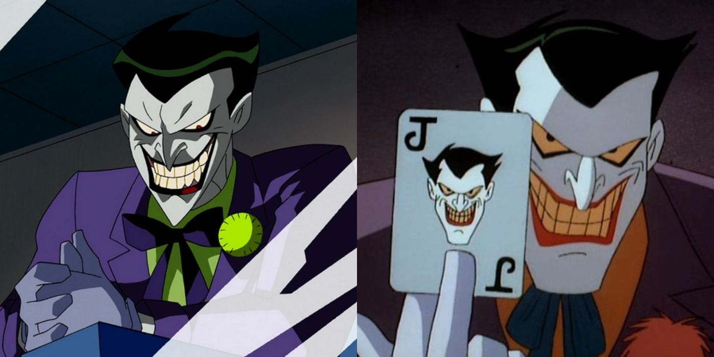 Split image of Joker looking on menacingly and holding up his trademark card in the DCAU