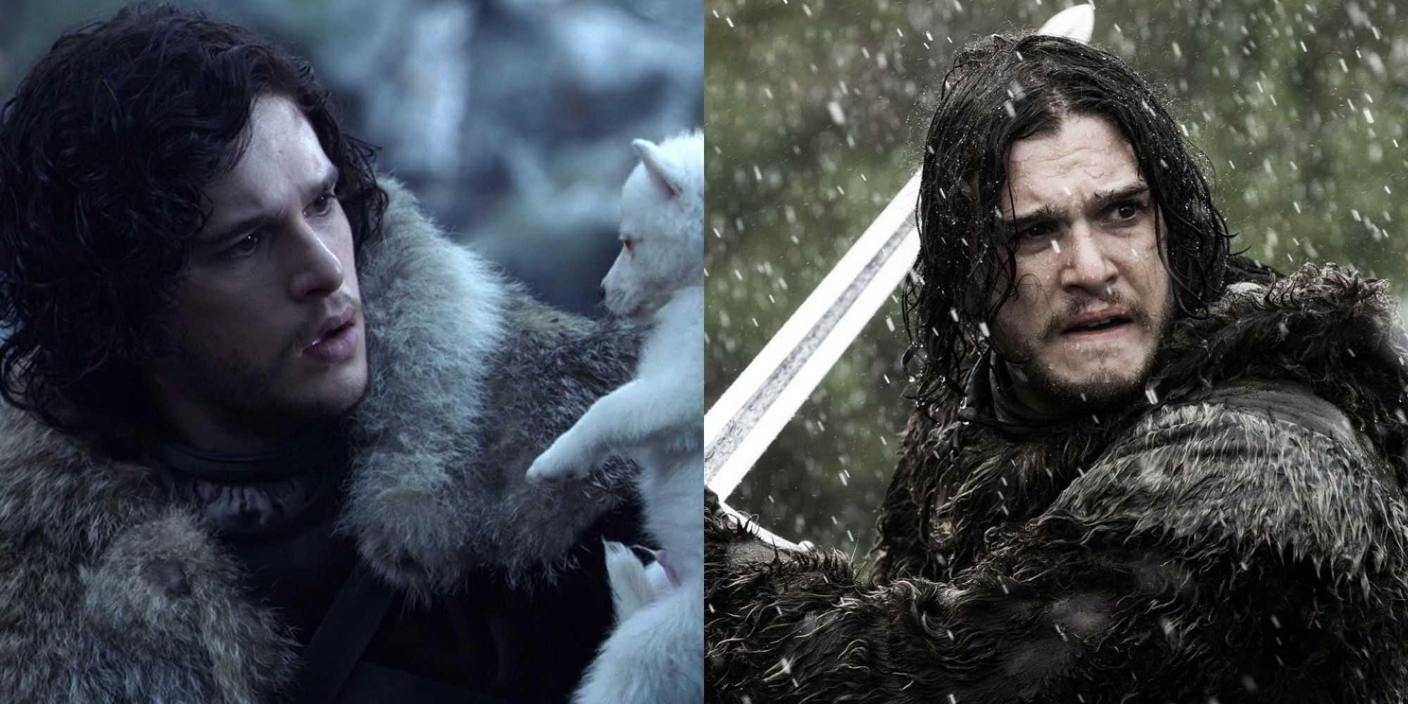 Split image of Jon Snow with Ghost and a sword in Game of Thrones