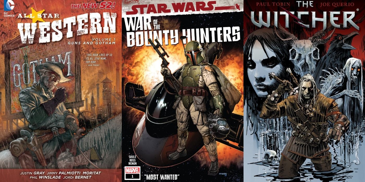 Split image of All-Star Western, War of the Bounty Hunters, and The Witcher comic book covers