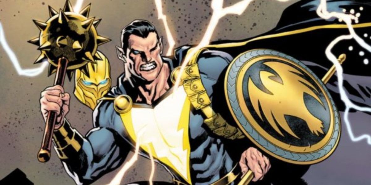Black Adam holds a shield and weapon in DC Comics.