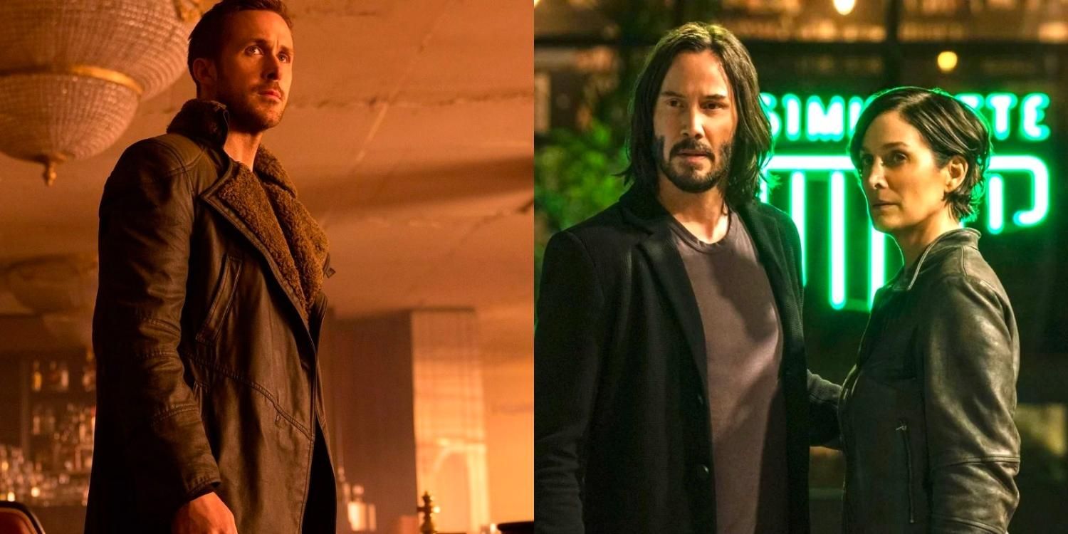 Split image of Ryan Gosling in Blade Runner 2049 and Keanu Reeves and Carrie Anne Moss in The Matrix Resurrections