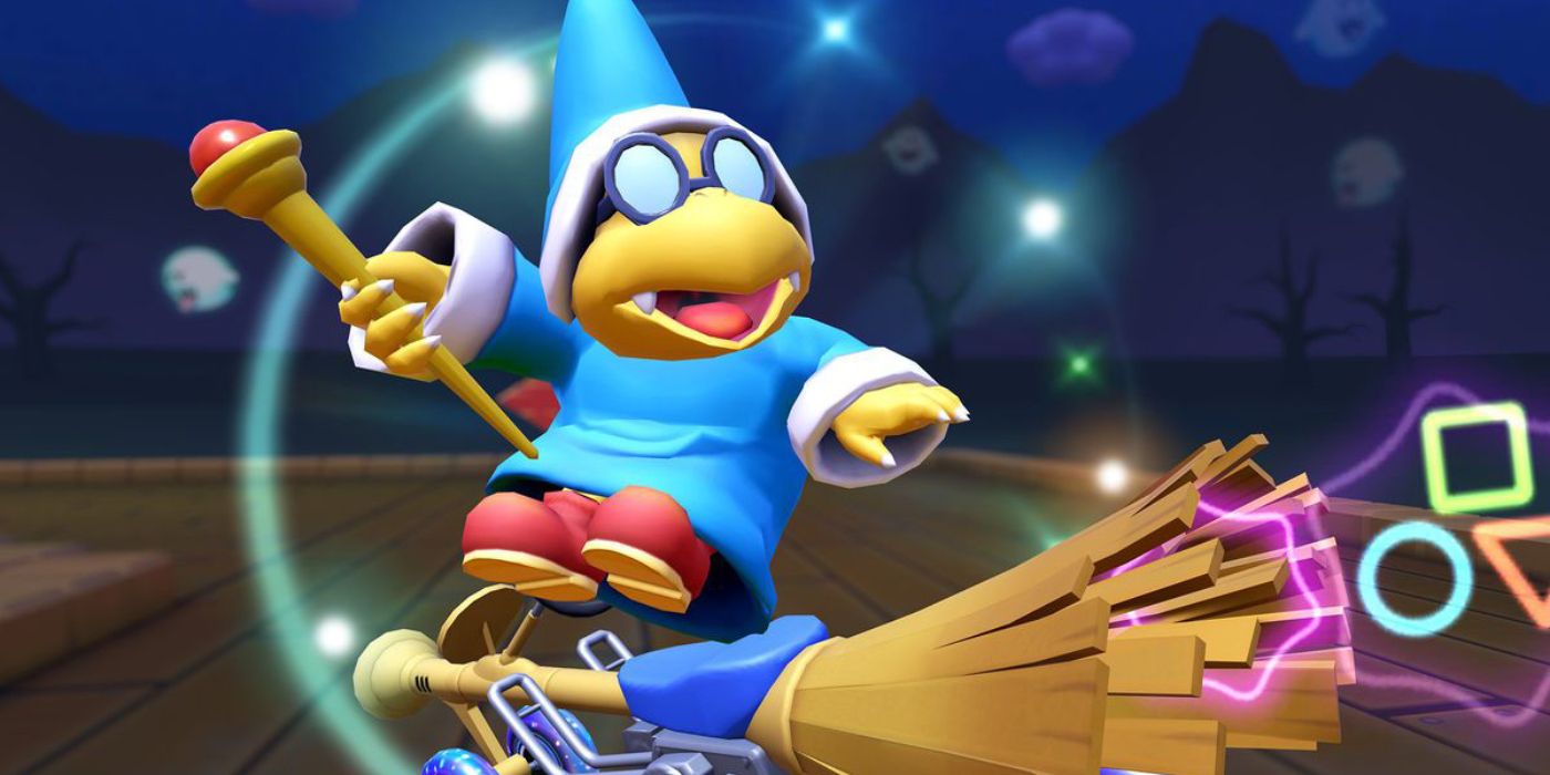 Kamek from Mario rides a broom in Mario Kart