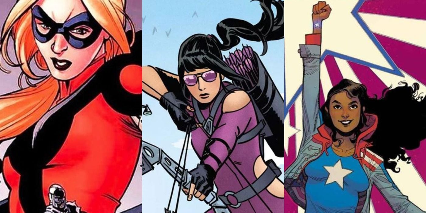 Split image of Cassie Lang, Kate Bishop, and America Chavez from Marvel Comics.