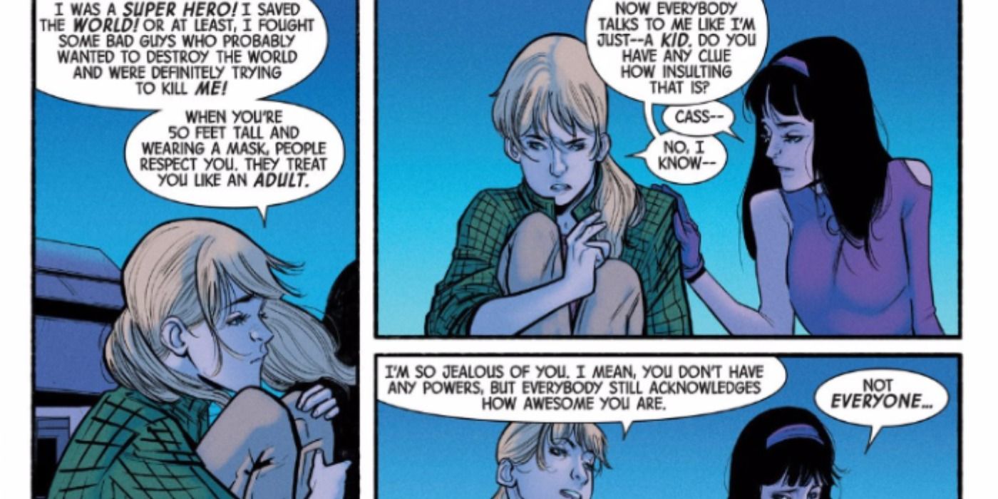 Kate Bishop consoles Cassie Lang in Marvel Comics.
