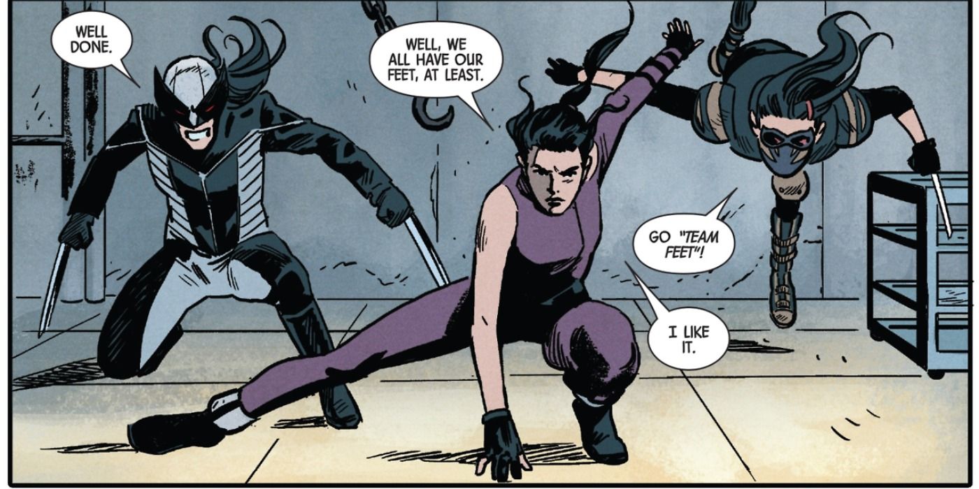 Kate Bishop teams up with Wolverine and Honey Badger in Marvel Comics.