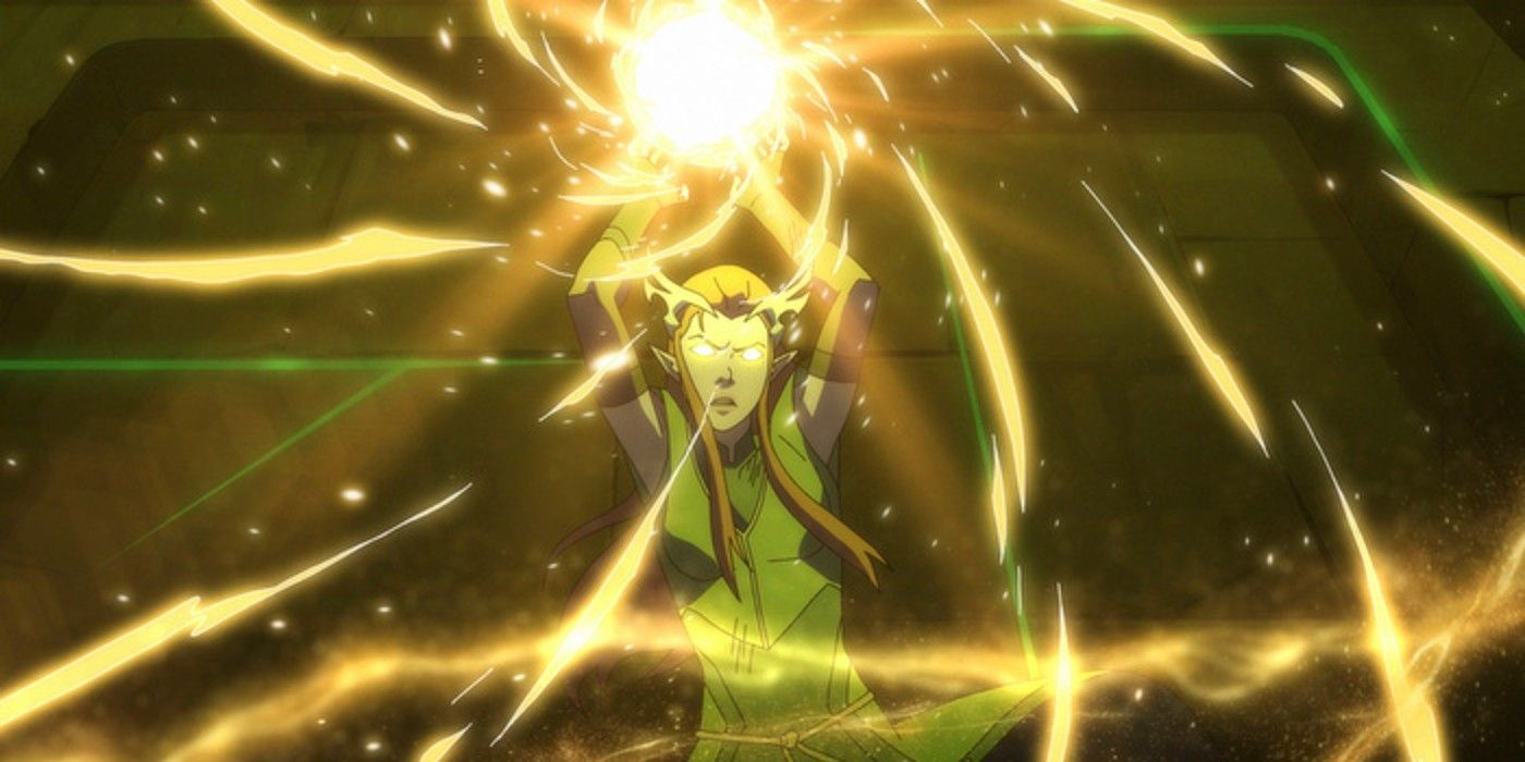 Keyleth, a red haired druid holds a ball of lightning above her as her eyes glow using her powers in Legend of Vox Machina