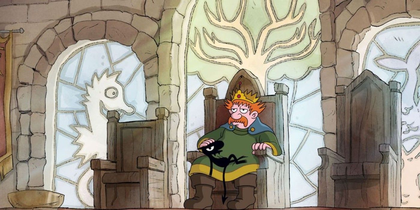 King Zog sits on the throne with Luci in Disenchantment.