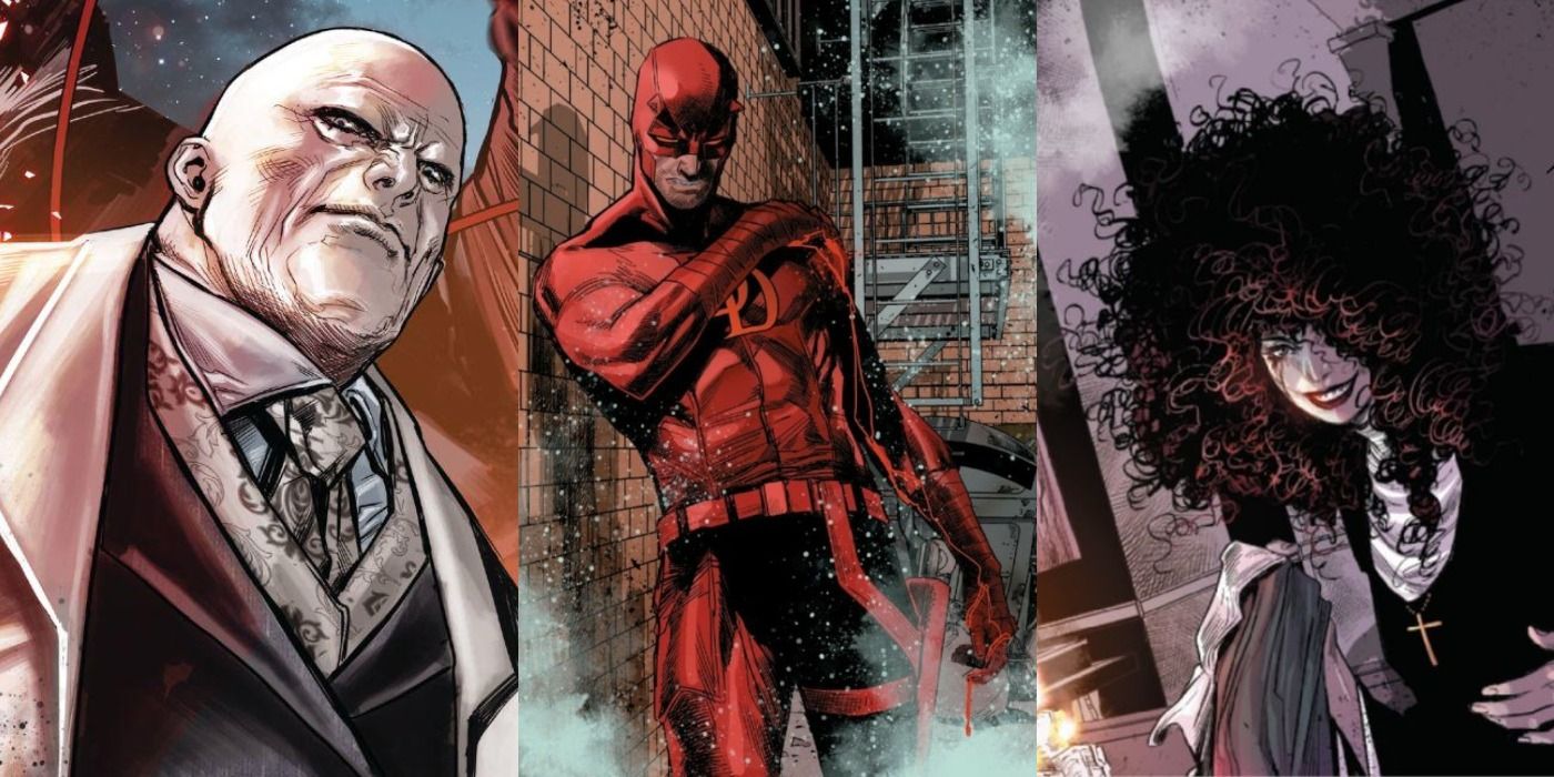 Split image of Kingpin, Daredevil, and Typhoid Mary in the current comic book run