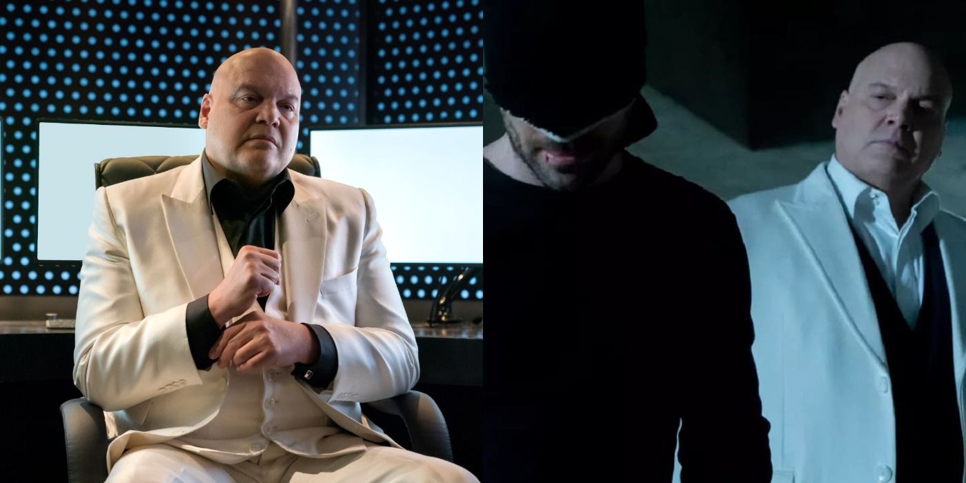 Split image of Kingpin in Daredevil season 3 in his hideout and as a hallucination of Daredevil