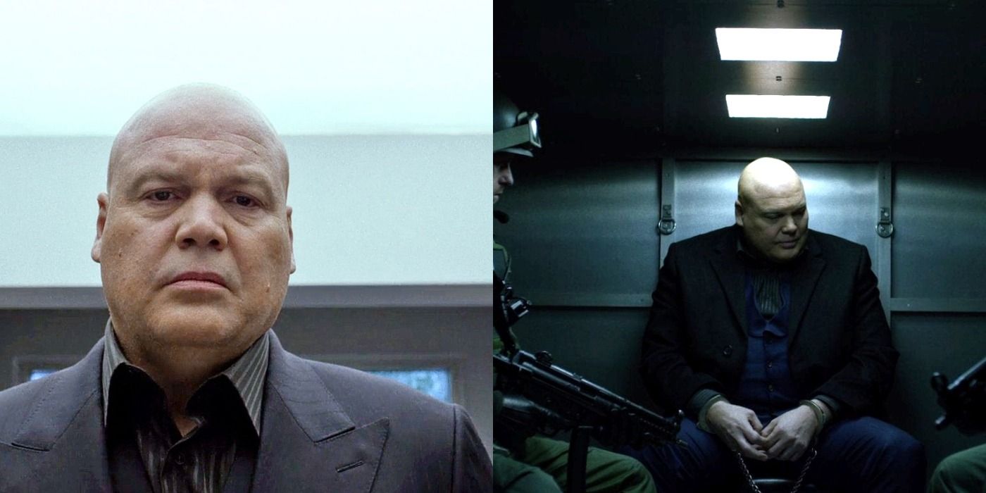 Split image of Kingpin looking in his mirror and restrained in an FBI transport in Daredevil season 1
