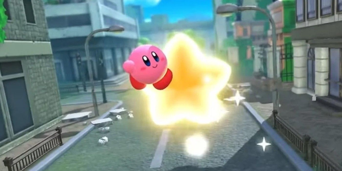 Kirby is on a warp star from Kirby and the Forgotten Land.